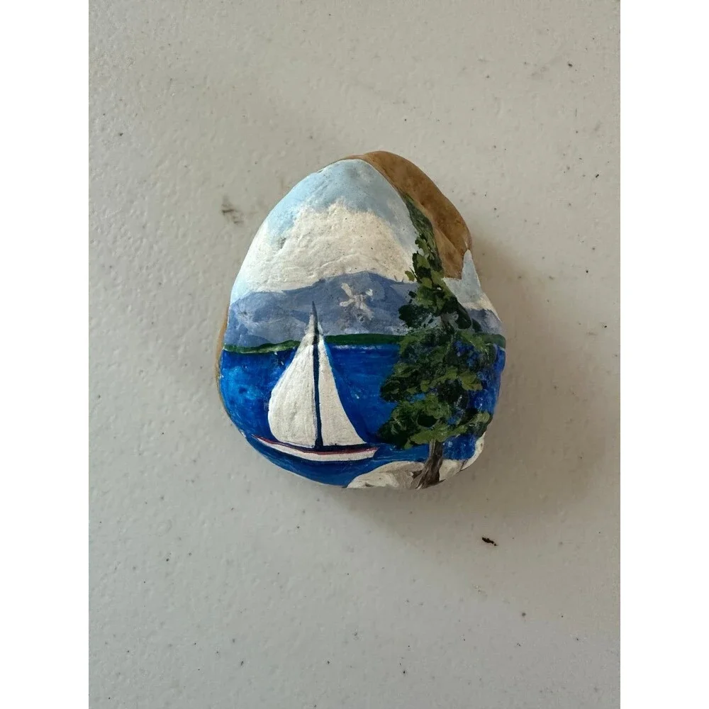 Handpainted Decorative Sailboat Lake Scenery Mineral Rock 2008 KKYC Tahoe